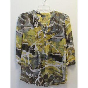 Nicole Miller's New Y M sheer blouse multicolor print v-neck 3/4 sleeve pleated